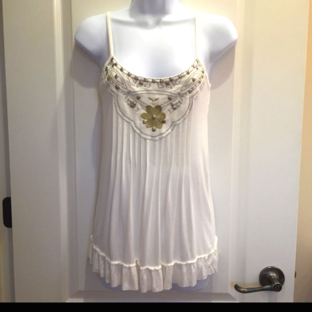 Kenar White Tank Top with Gold Embellishment
